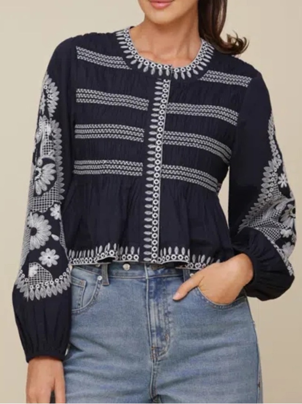 Avec Les Filles Navy Embroidered Button-Front Blouse Size M